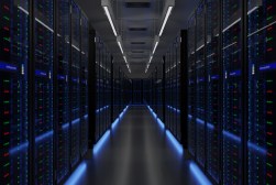 A server room with blue reflected light and some lights over the hall.