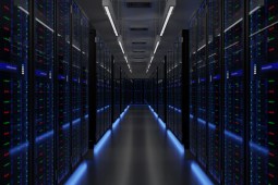 A server room with blue reflected light and some lights over the hall.